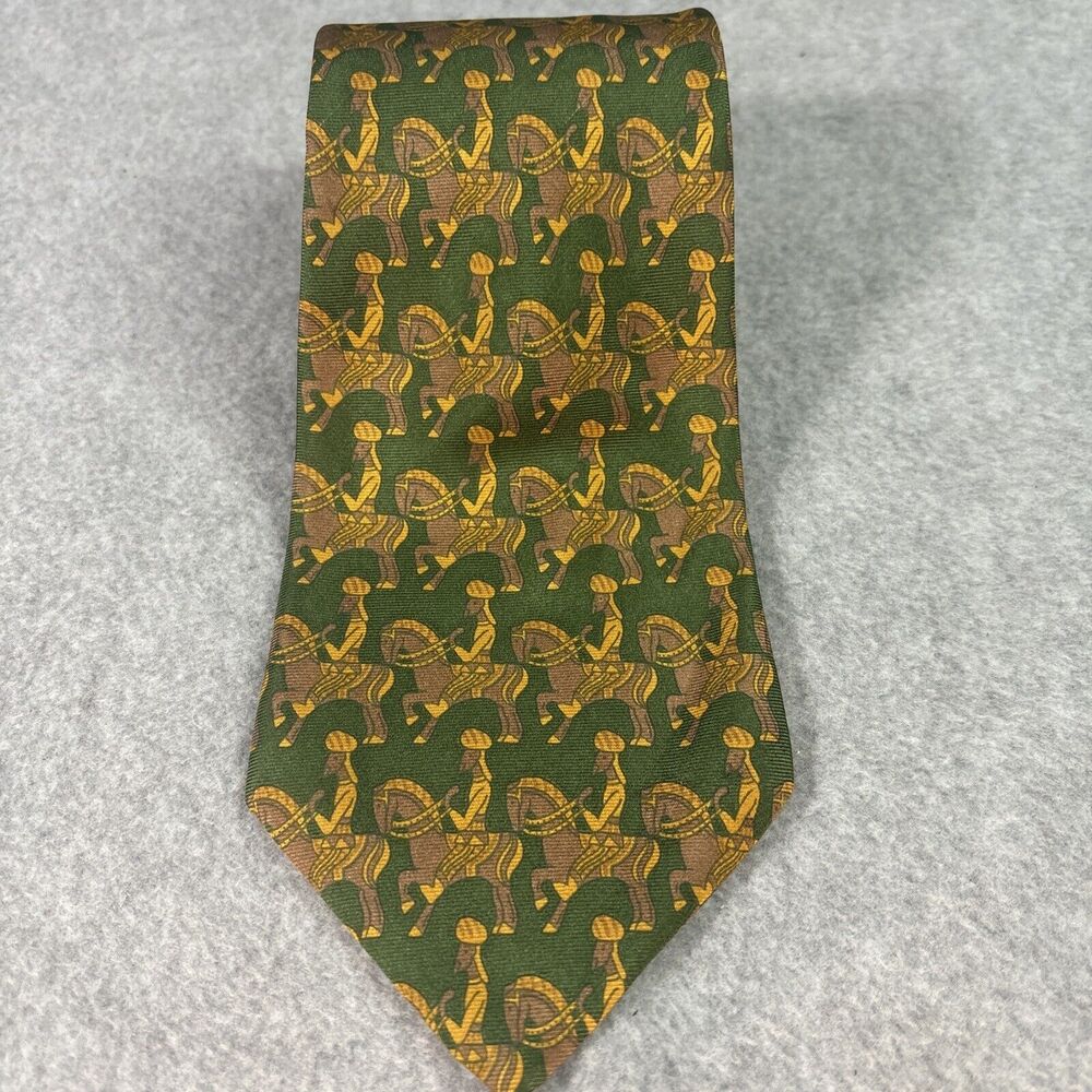 Vintage‎ Vitaliano Pancaldi Tie Green Gold Yellow Men On Horseback Geometric